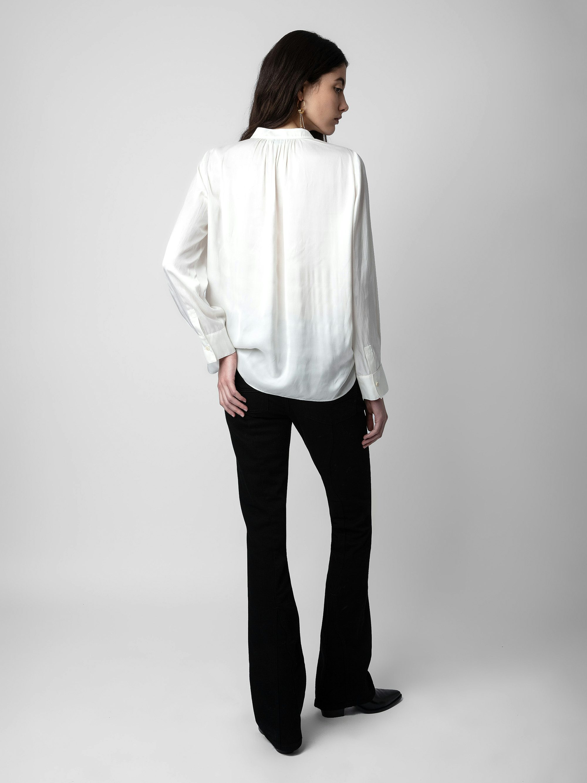 Tink Satin Blouse - Open-collar satin blouse with long sleeves and gathered details.